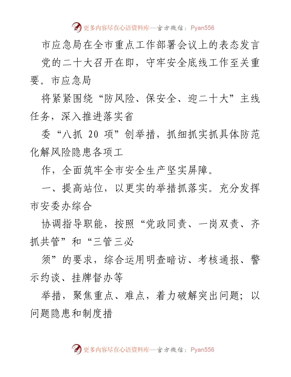 [发言] 重点工作部署会议 - 市应急局表态发言：守牢安全底线，迎接党的二十大.docx_第1页