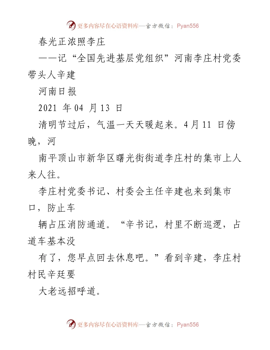 [发言] 表彰大会 - 辛建：李庄村党委带头人引领乡村蝶变的故事.docx_第1页