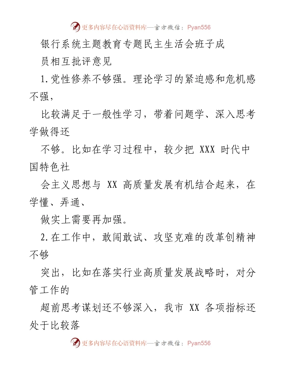 [发言] 银行系统主题教育专题民主生活会 - 班子成员相互批评与自我反思总结.docx_第1页