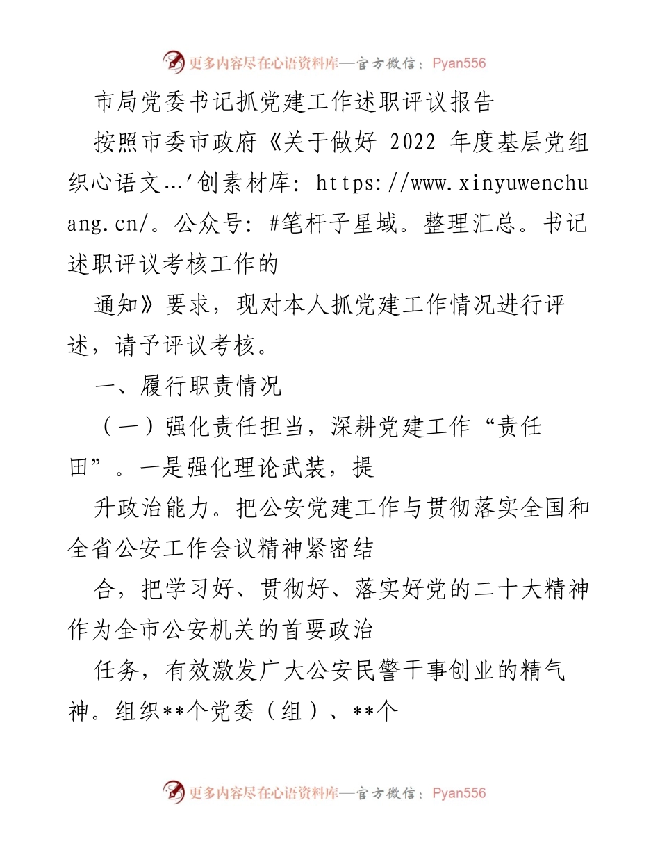 [发言] 述职评议 - 市局党委书记党建工作述职报告.docx_第1页