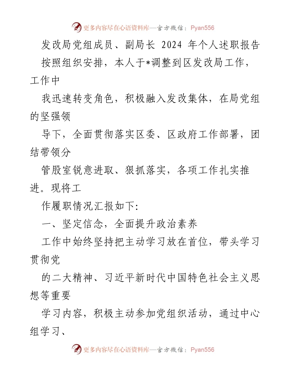 [发言] 述职报告 - 2024年发改局副局长个人履职总结报告.docx_第1页
