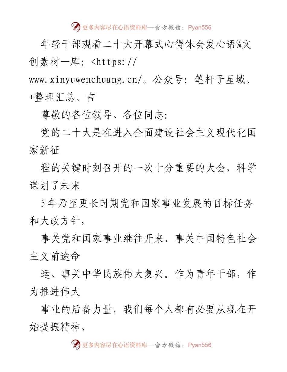 [发言] 观摩二十大开幕式 - 青年干部的奋斗精神与时代责任.docx_第1页
