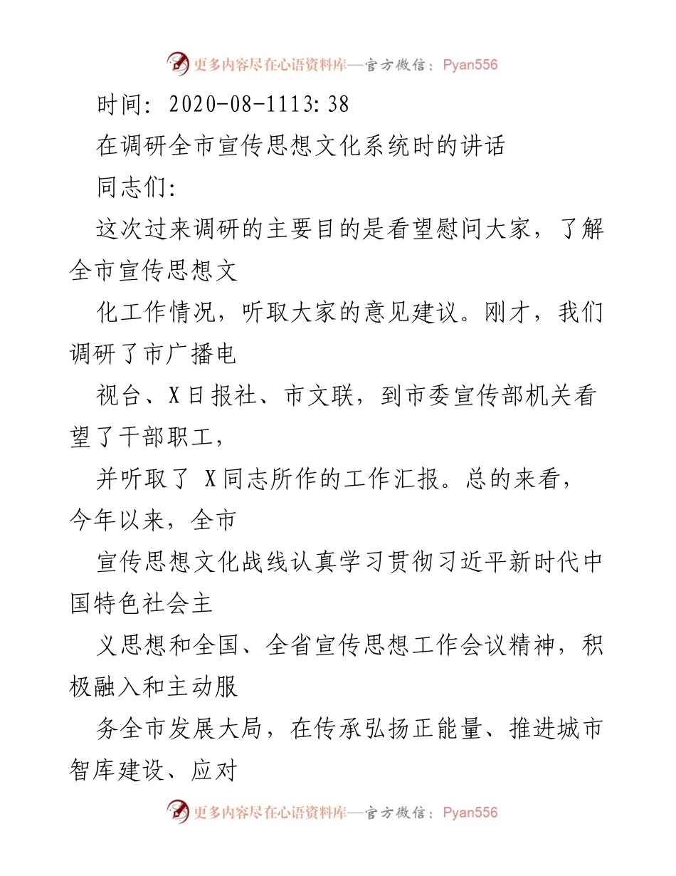 [发言] 调研全市宣传思想文化系统 - 加强宣传思想文化工作，推动城市发展.docx_第1页