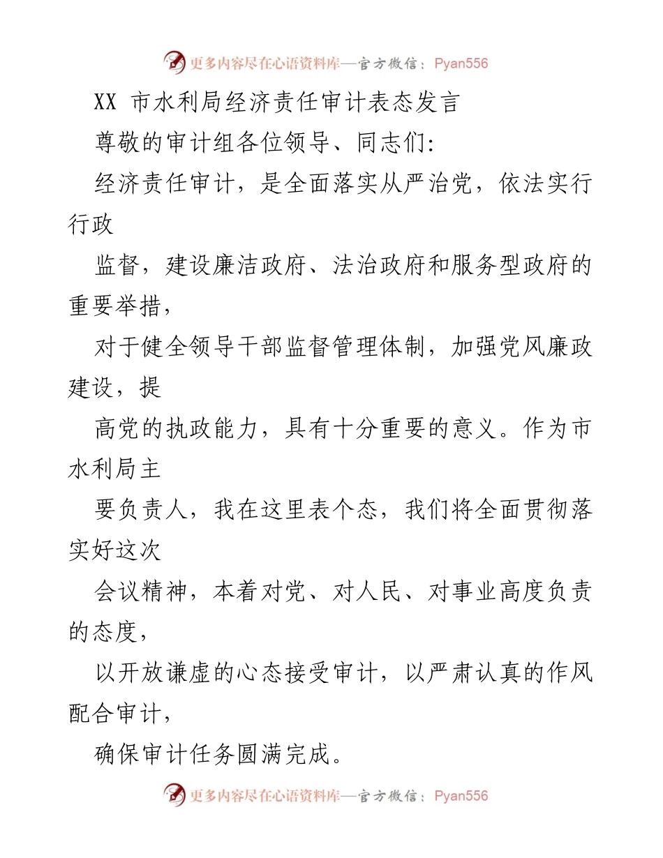 [发言] 经济责任审计表态 - 市水利局对经济责任审计的表态发言.docx_第1页