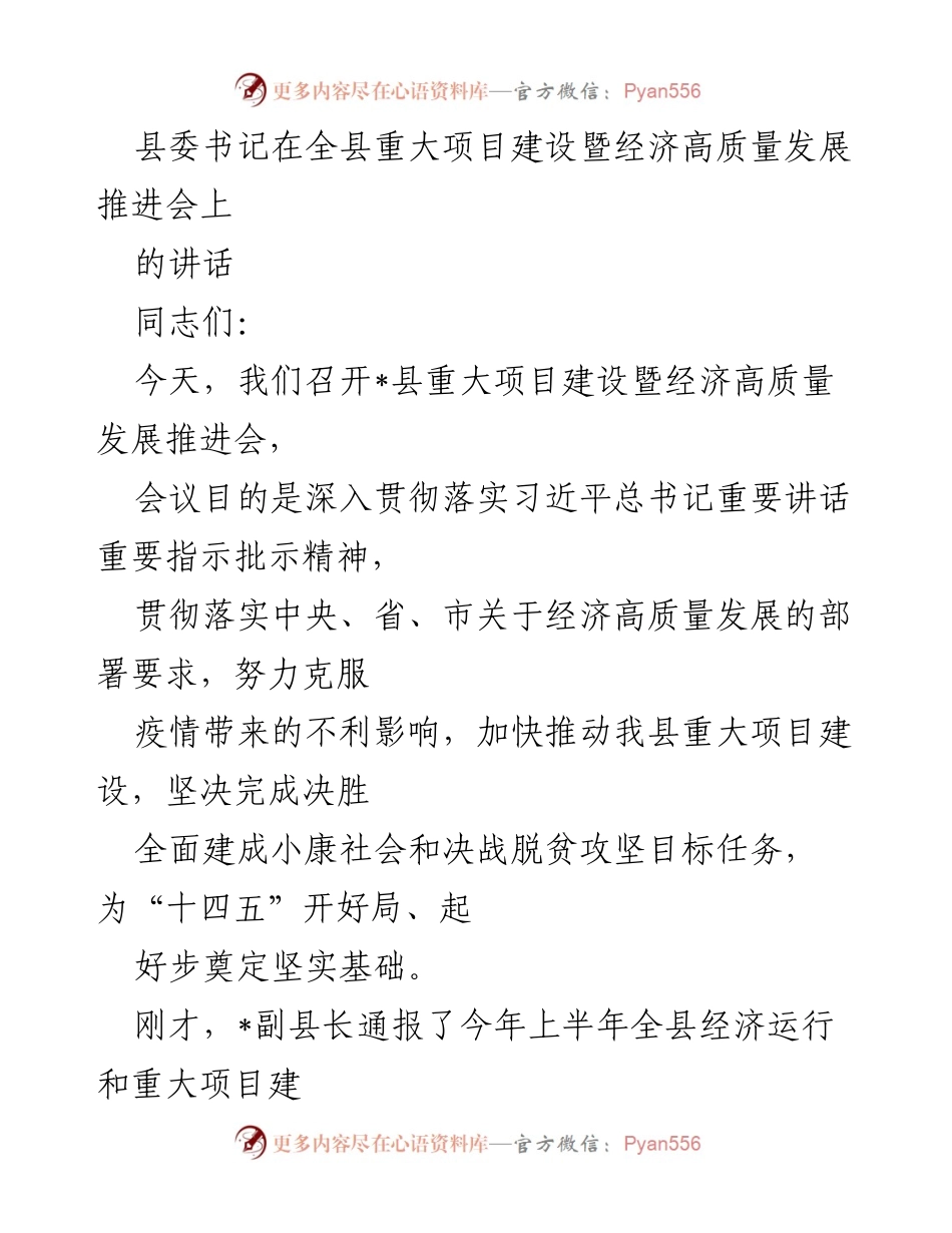 [发言] 重大项目建设暨经济高质量发展推进会 - 加快重大项目建设，推动经济高质量发展.docx_第1页