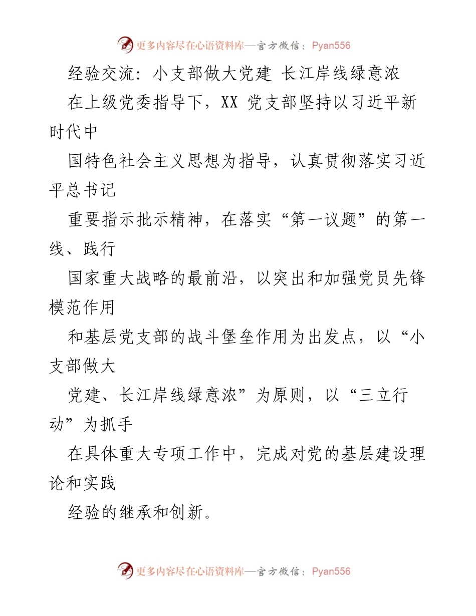 [发言] 经验交流会 - 小支部做大党建：长江岸线的绿色发展探索.docx_第1页
