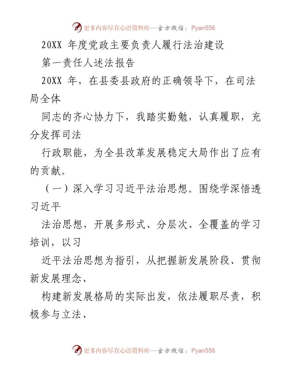 [发言] 述职会议 - 20XX年度党政主要负责人法治建设履职述法报告.docx_第1页