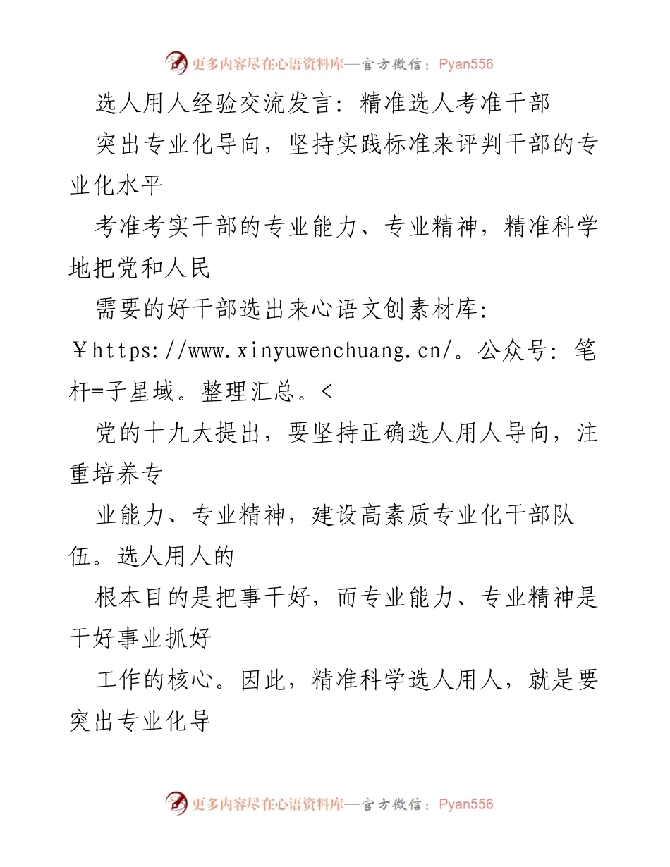 [发言] 选人用人经验交流会 - 精准选人，考准干部专业能力与精神.docx_第1页