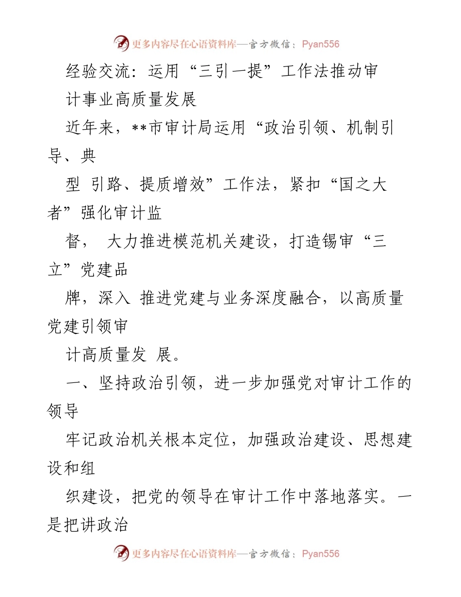 [发言] 经验交流会 - 运用“三引一提”工作法推动审计事业高质量发展_1.docx_第1页