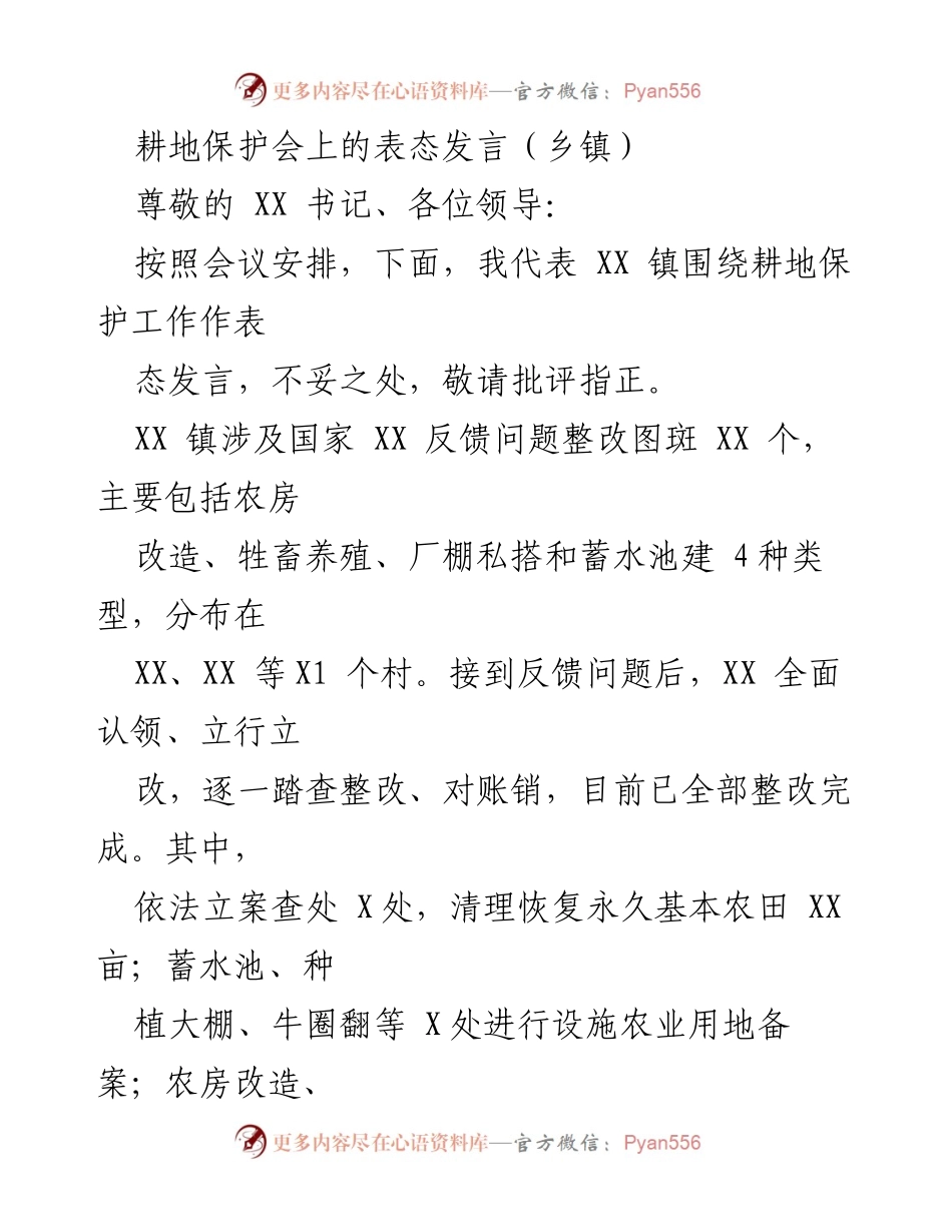 [发言] 耕地保护会 - XX 镇耕地保护工作整改表态发言.docx_第1页