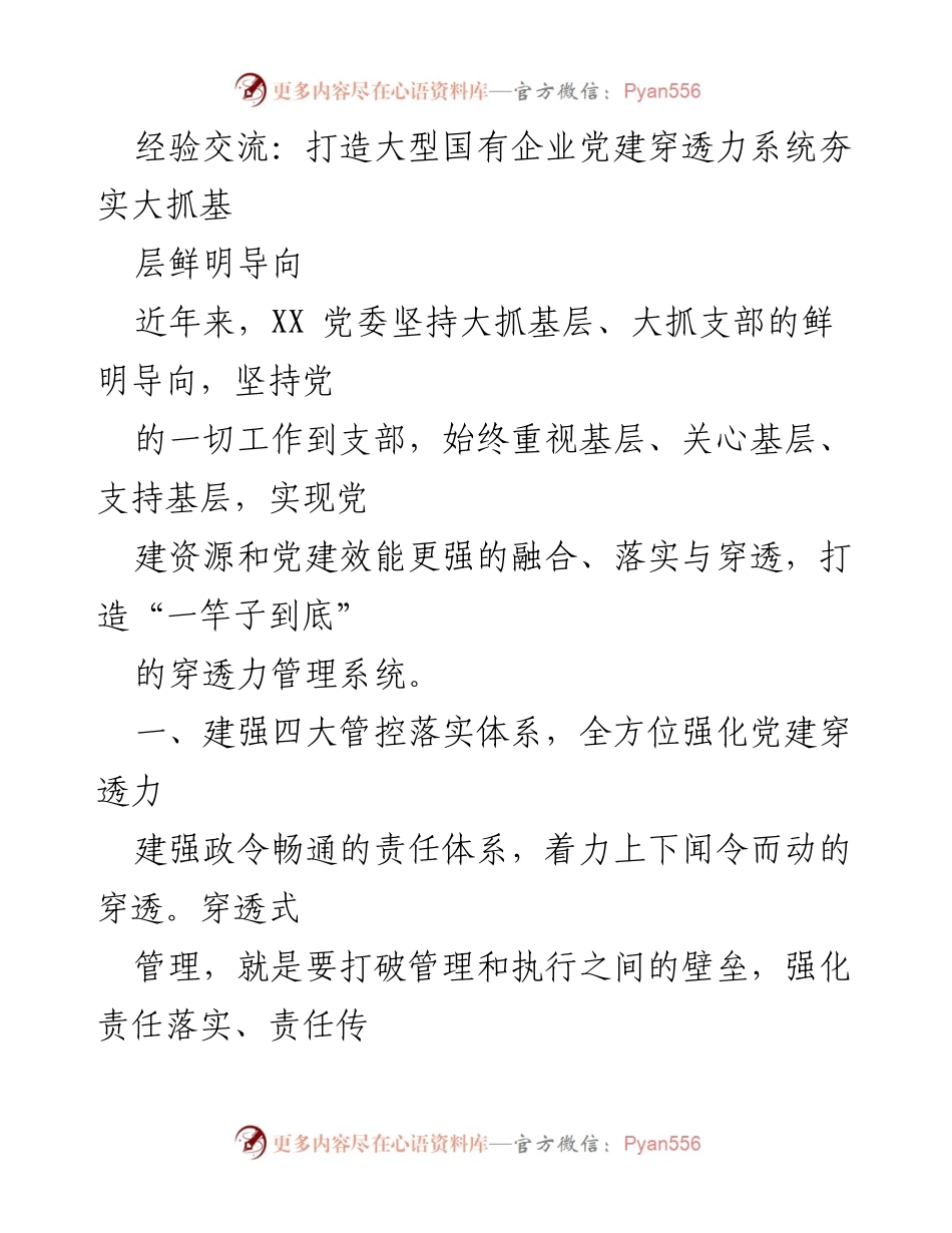 [发言] 经验交流会 - 打造国有企业党建穿透力系统.docx_第1页