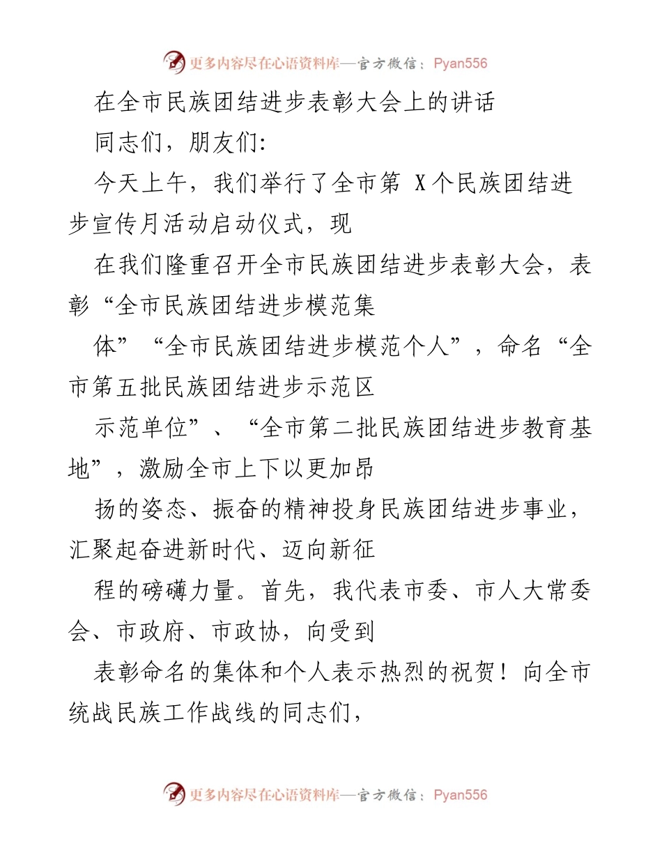 [发言] 表彰大会 - 加强民族团结，携手共进新征程.docx_第1页
