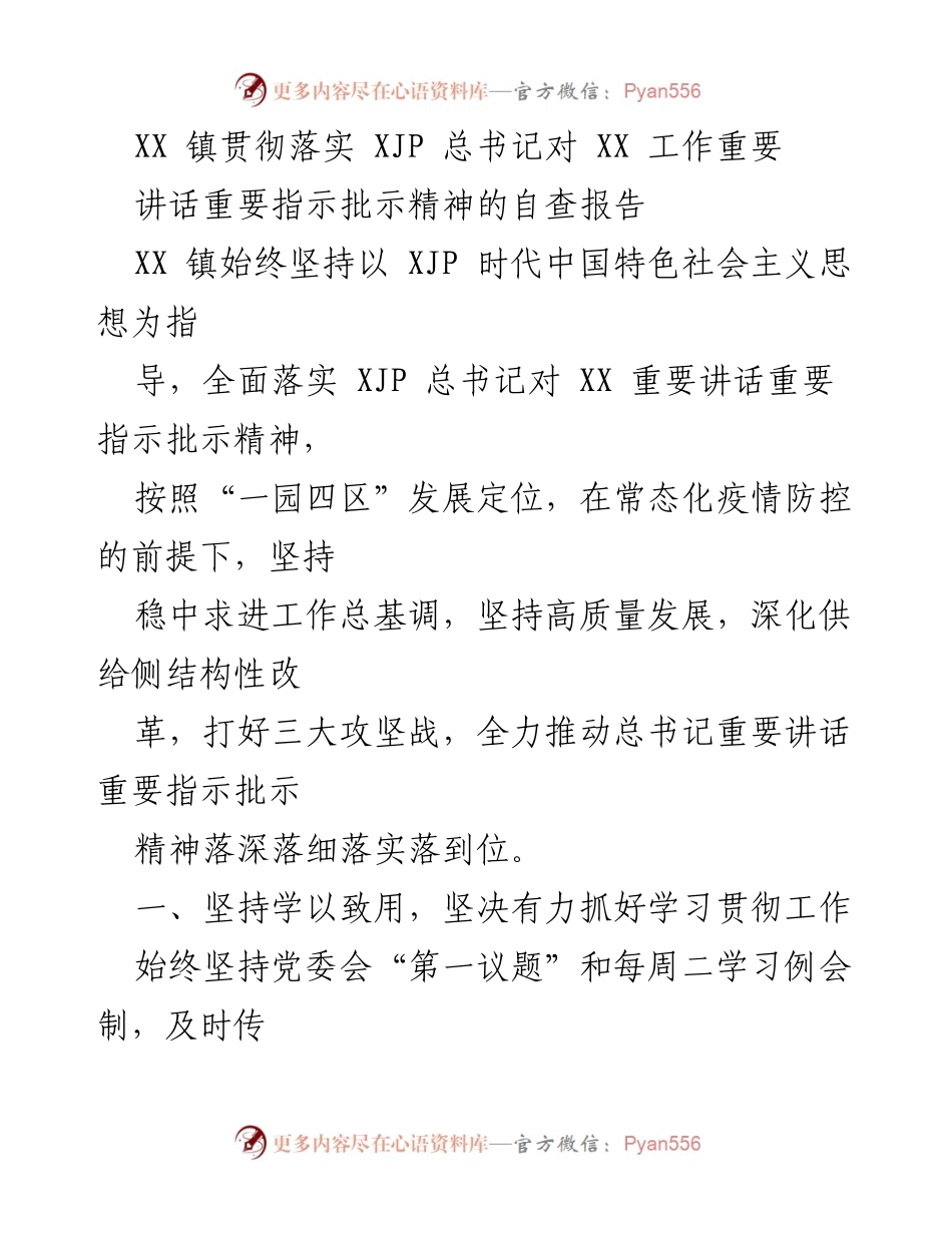 [发言] 自查报告 - XX 镇落实 XJP 总书记重要讲话精神的自查与发展规划.docx_第1页