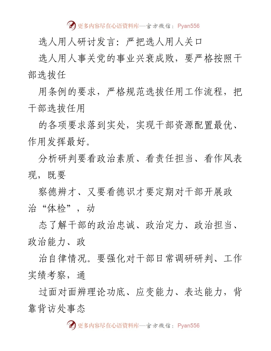 [发言] 选人用人研讨会 - 严把干部选拔任用关口，确保政治素质与能力提升.docx_第1页