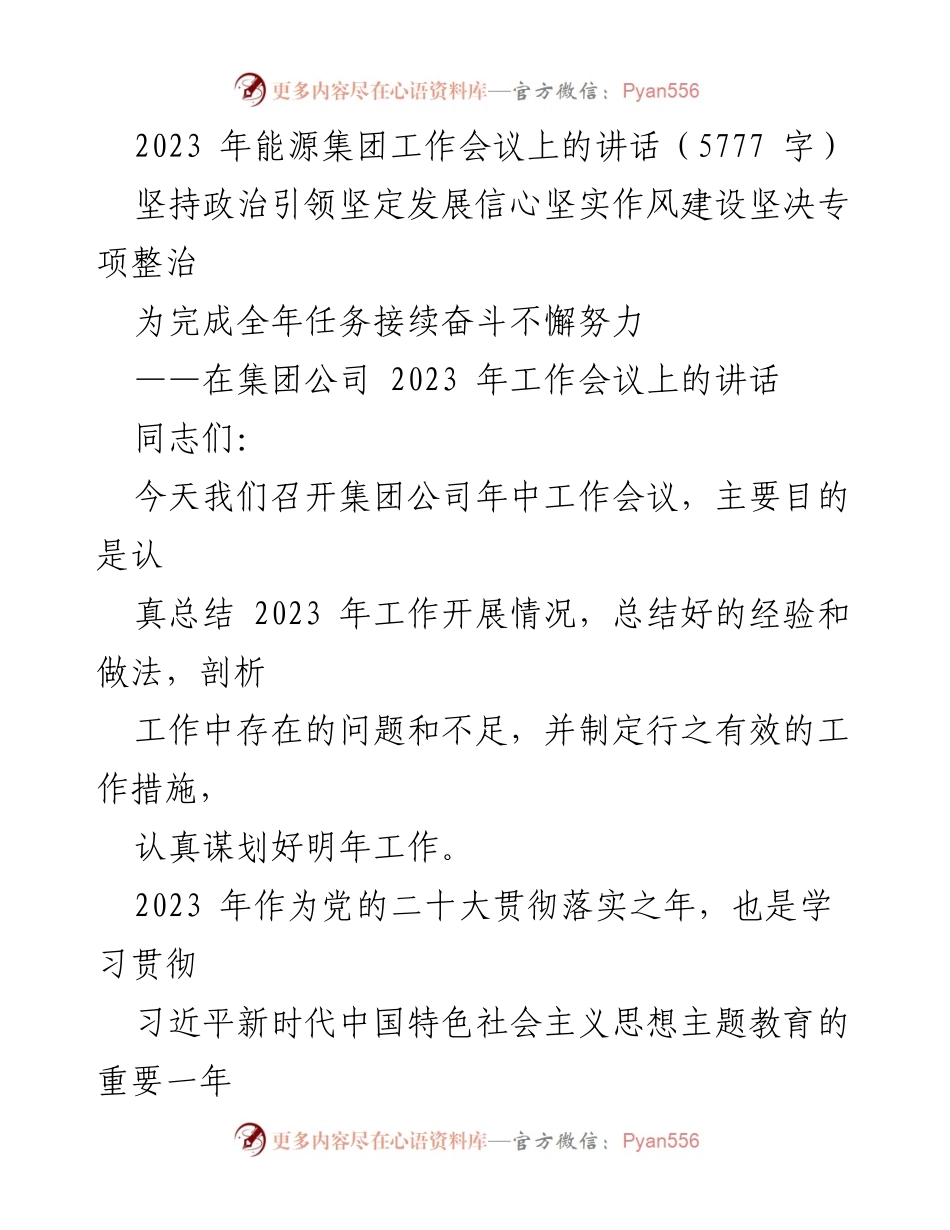 [发言] 能源集团工作会议 - 坚持政治引领，推动发展与作风建设.docx_第1页