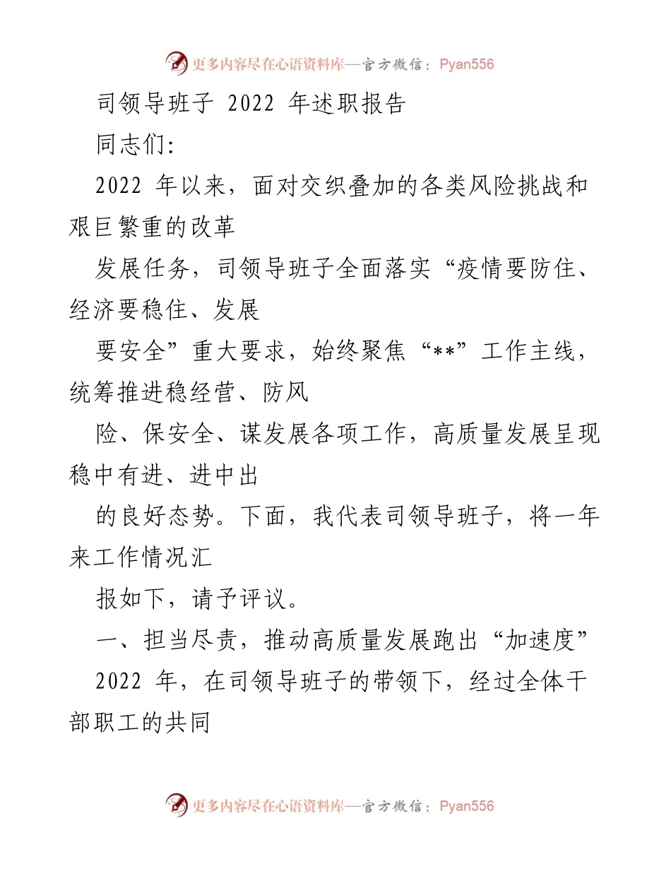 [发言] 述职会议 - 2022年度司领导班子工作总结与发展成就报告.docx_第1页