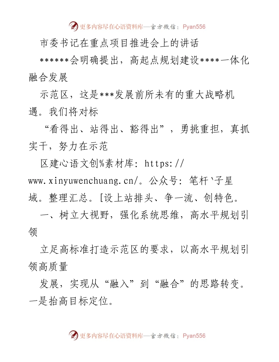 [发言] 重点项目推进会 - 加快示范区建设，推动高质量发展.docx_第1页
