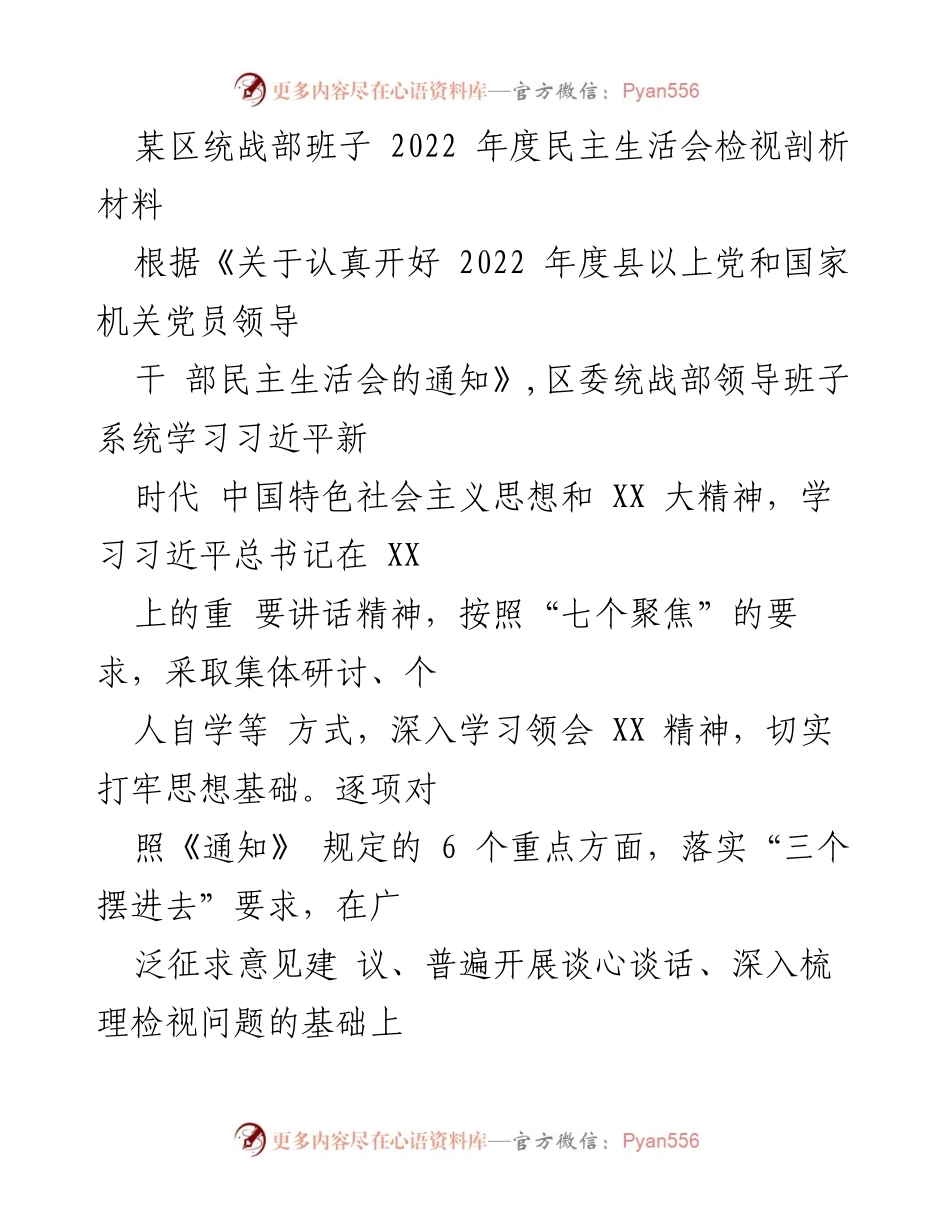 [发言] 统战部年度民主生活会 - 2022年度统战部民主生活会检视与整改分析报告.docx_第1页