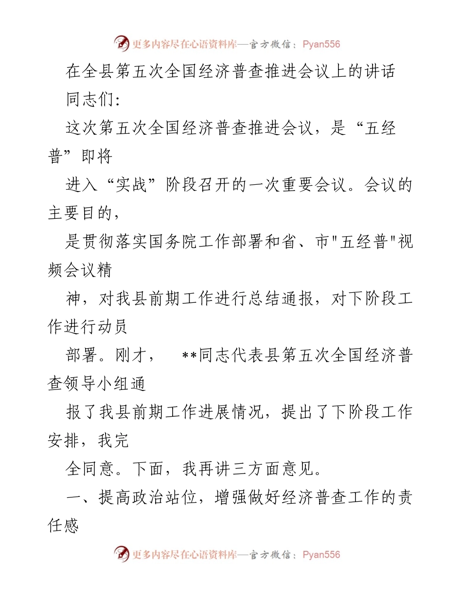 [发言] 经济普查推进会议 - 加强责任感，确保经济普查工作顺利开展.docx_第1页