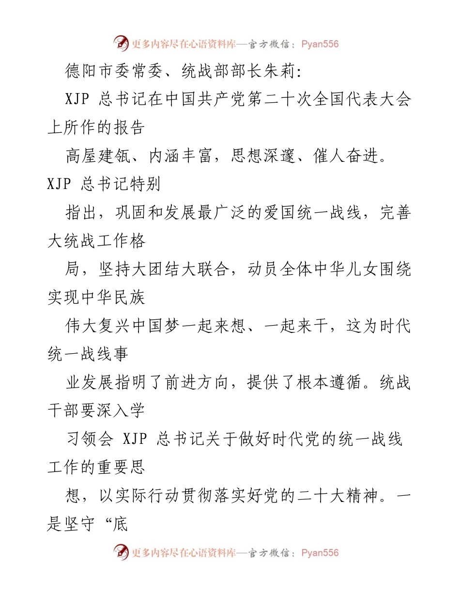 [发言] 统战工作会议 - 贯彻落实党的二十大精神，推动统一战线工作新发展.docx_第1页