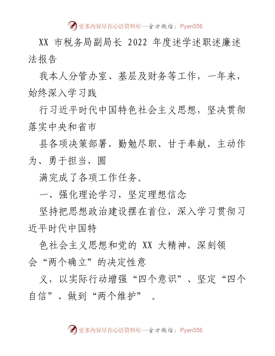 [发言] 述职报告 - XX市税务局副局长2022年度工作总结与理论学习汇报.docx_第1页