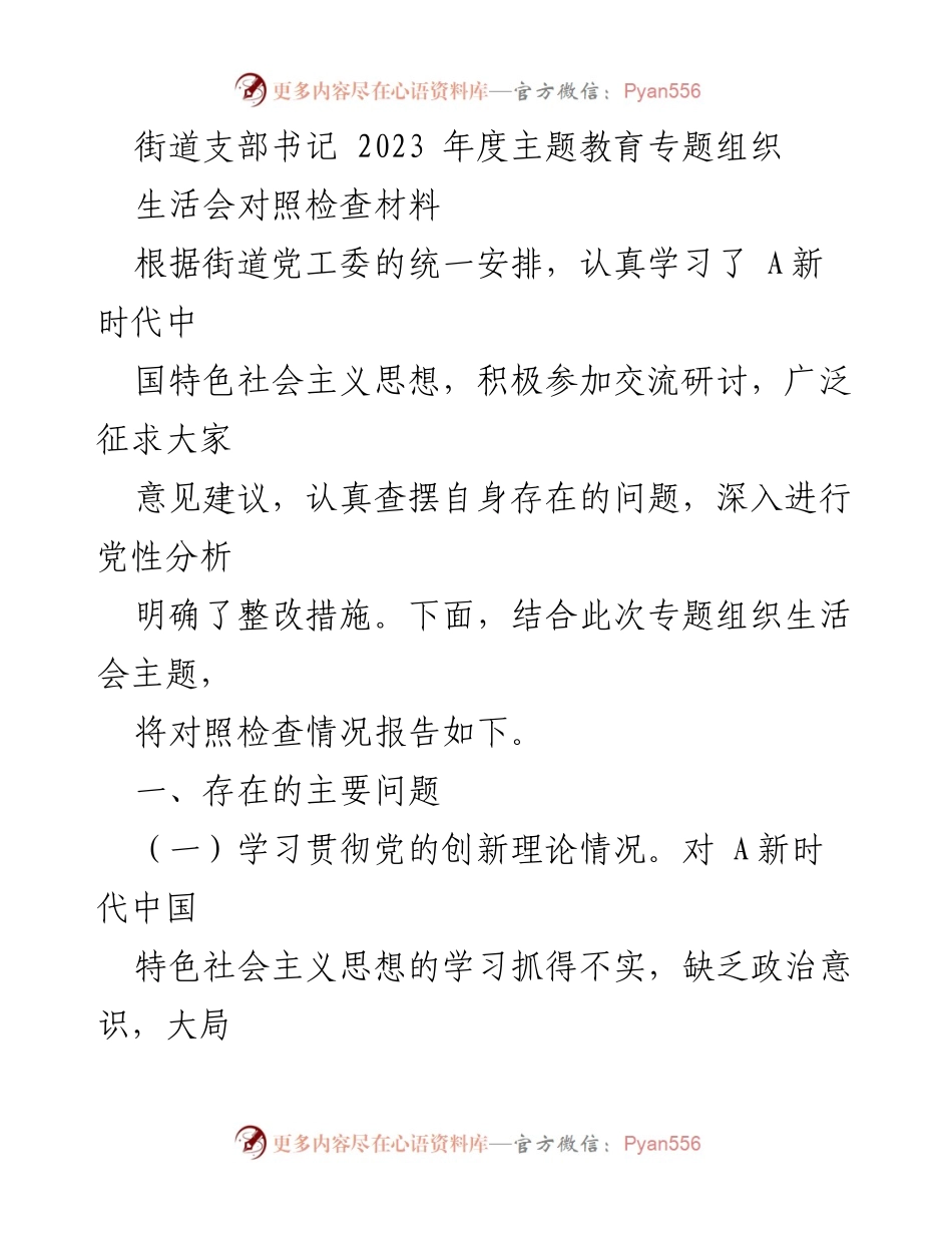 [发言] 街道支部书记年度主题教育专题组织生活会 - 2023年度主题教育专题组织生活会对照检查材料分析.docx_第1页