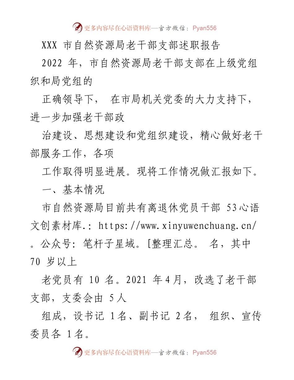 [发言] 自然资源局老干部支部年度述职 - 2022年市自然资源局老干部支部工作述职报告.docx_第1页