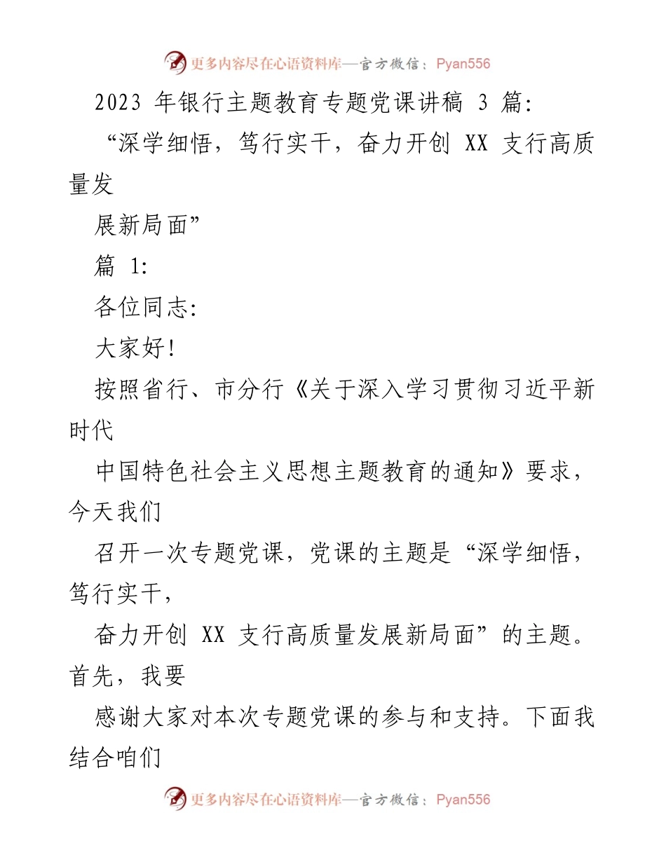 [发言] 银行主题教育专题党课 - 深学细悟，笃行实干，奋力开创高质量发展新局面_1.docx_第1页