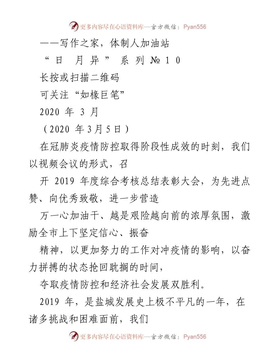 [发言] 表彰大会 - 团结拼搏，共克时艰：盐城市2019年度综合考核总结表彰大会发言.docx_第1页