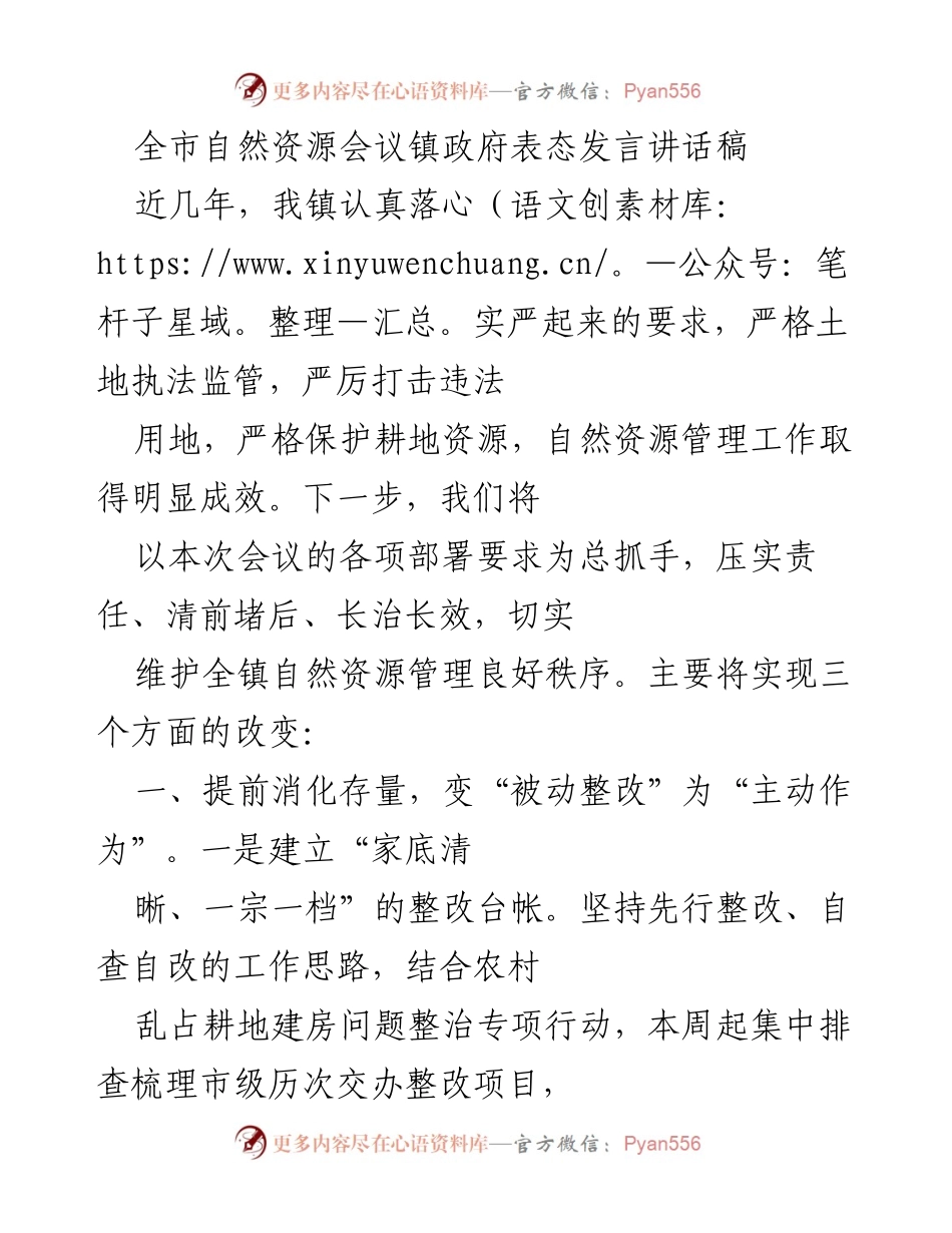 [发言] 自然资源会议 - 镇政府自然资源管理表态发言.docx_第1页