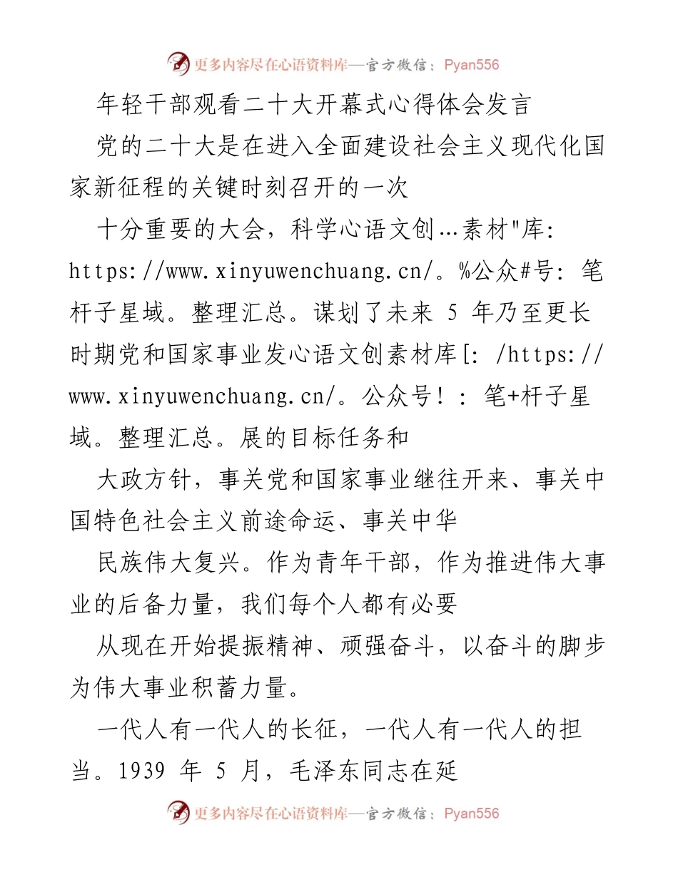 [发言] 观看二十大开幕式 - 年轻干部的奋斗精神与时代担当.docx_第1页