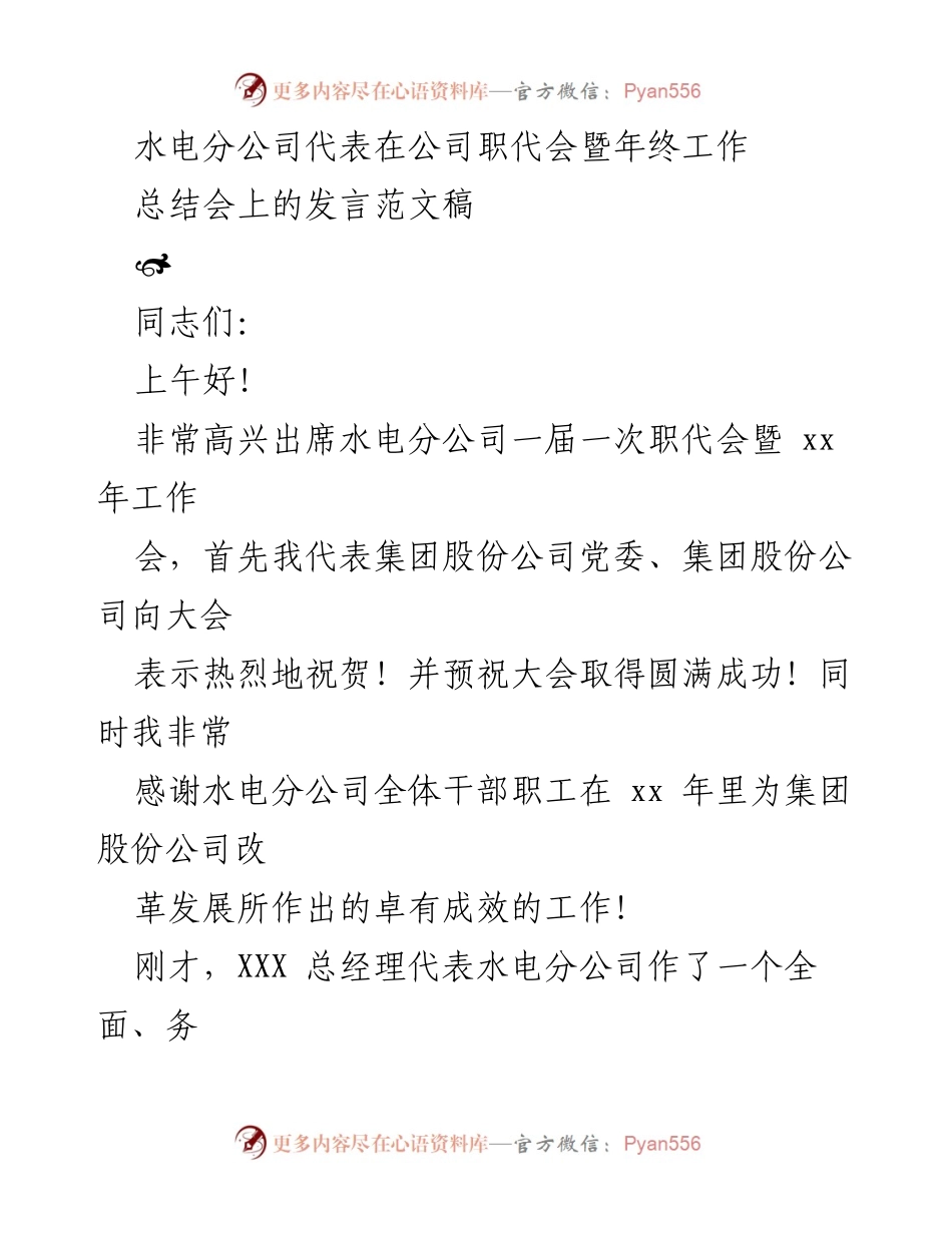 [发言] 职代会暨年终工作总结会 - 水电分公司年度工作总结与展望发言.docx_第1页