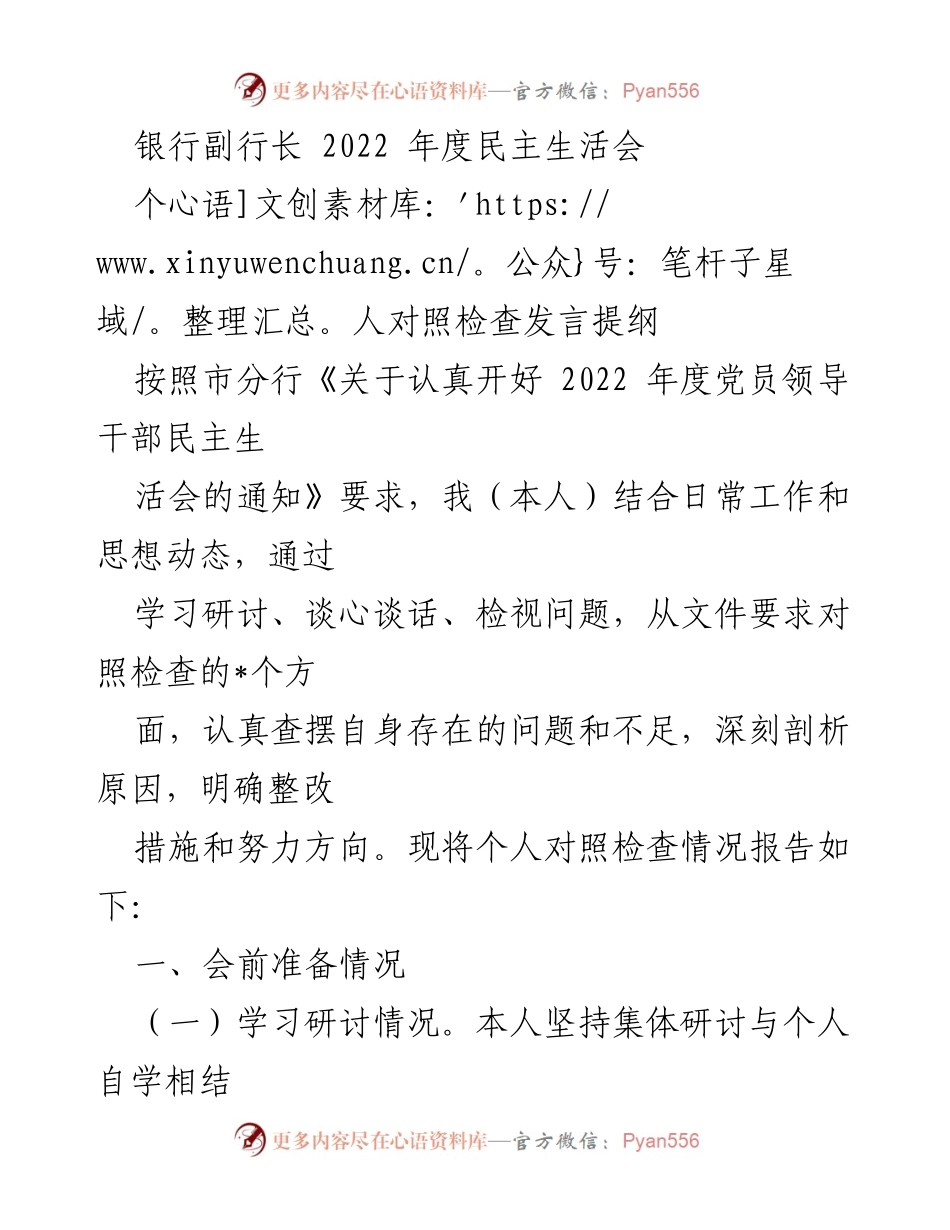 [发言] 银行副行长年度民主生活会 - 2022年度个人对照检查发言提纲.docx_第1页