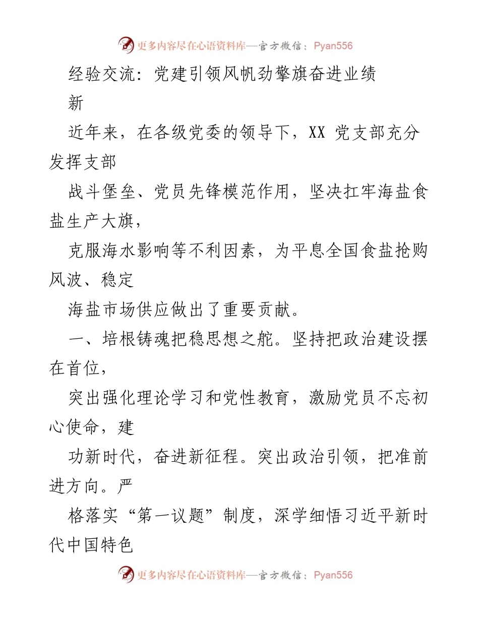 [发言] 经验交流会 - 党建引领助力海盐生产创新发展.docx_第1页