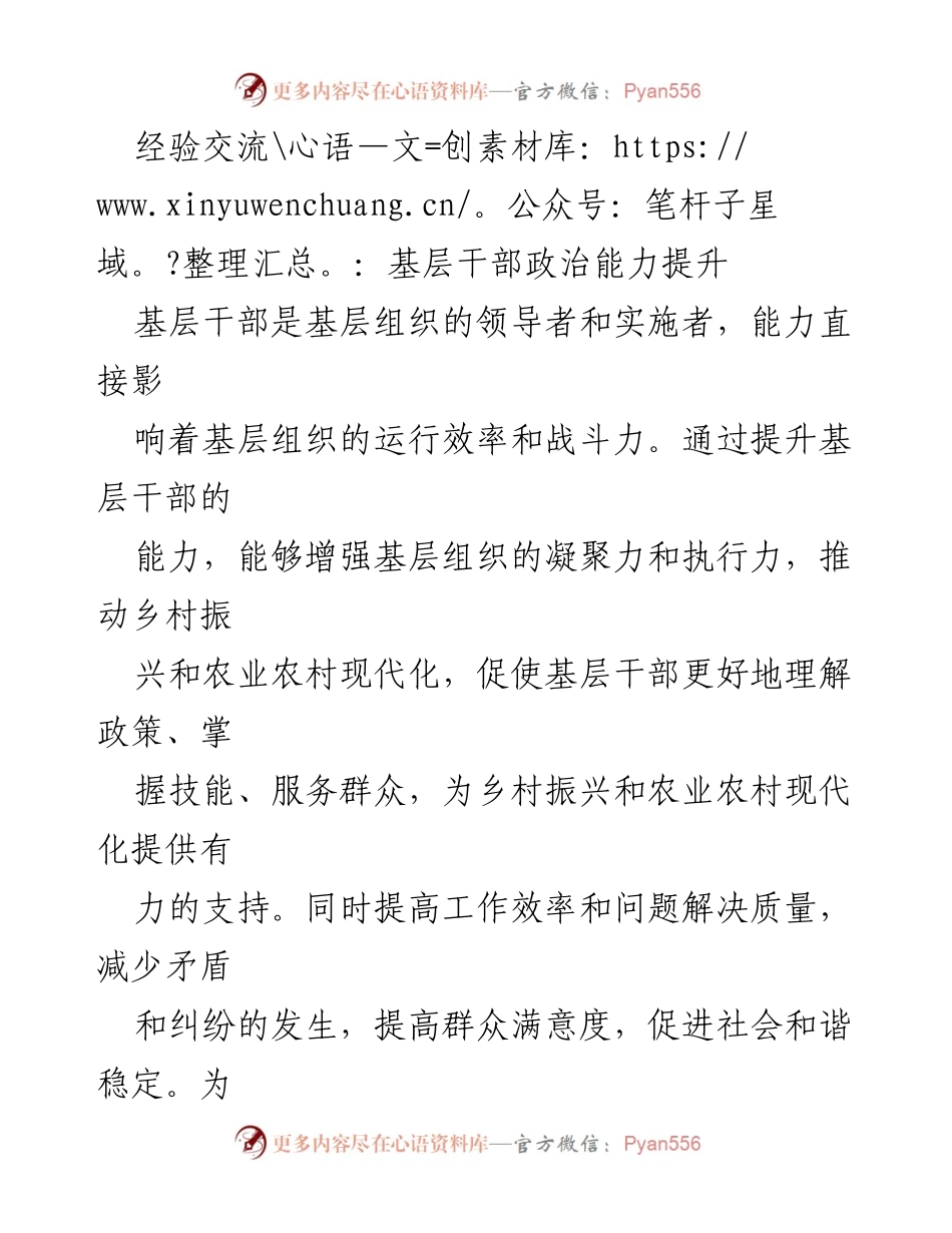 [发言] 经验交流会 - 提升基层干部政治能力，推动乡村振兴.docx_第1页
