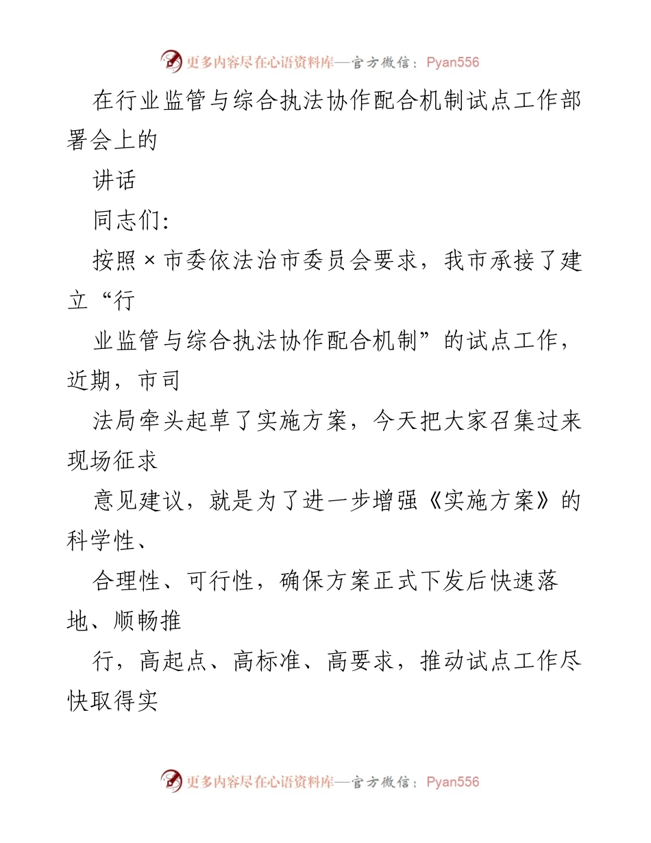 [发言] 试点工作部署会 - 加强行业监管与综合执法协作机制的实施与落实_1.docx_第1页