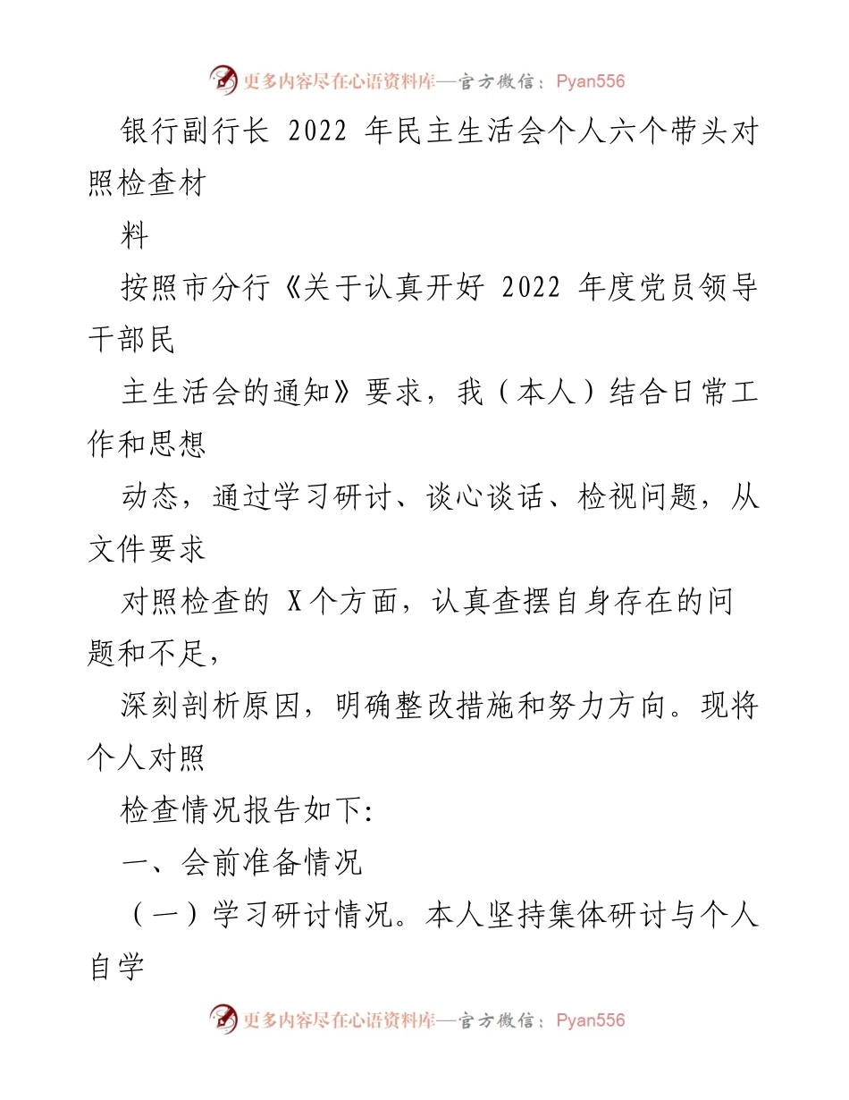 [发言] 银行副行长民主生活会 - 2022年度个人对照检查报告.docx_第1页