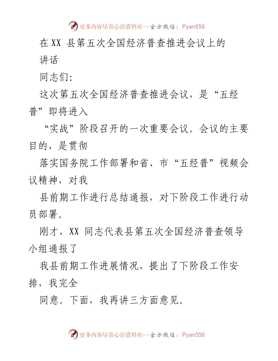 [发言] 经济普查推进会议 - 加强责任感，确保经济普查顺利实施.docx_第1页