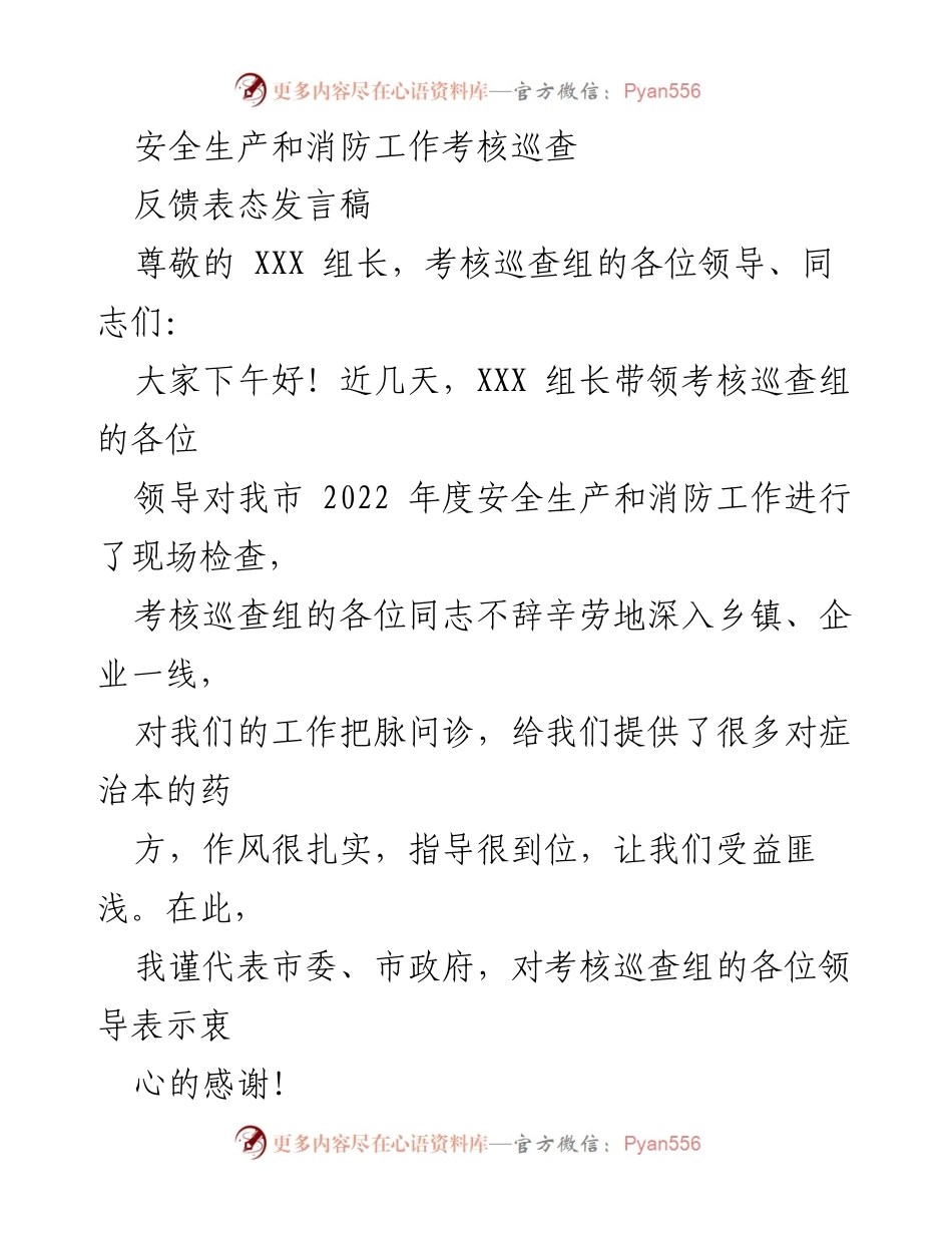 [发言] 考核巡查会议 - 安全生产与消防工作考核巡查反馈表态发言.docx_第1页