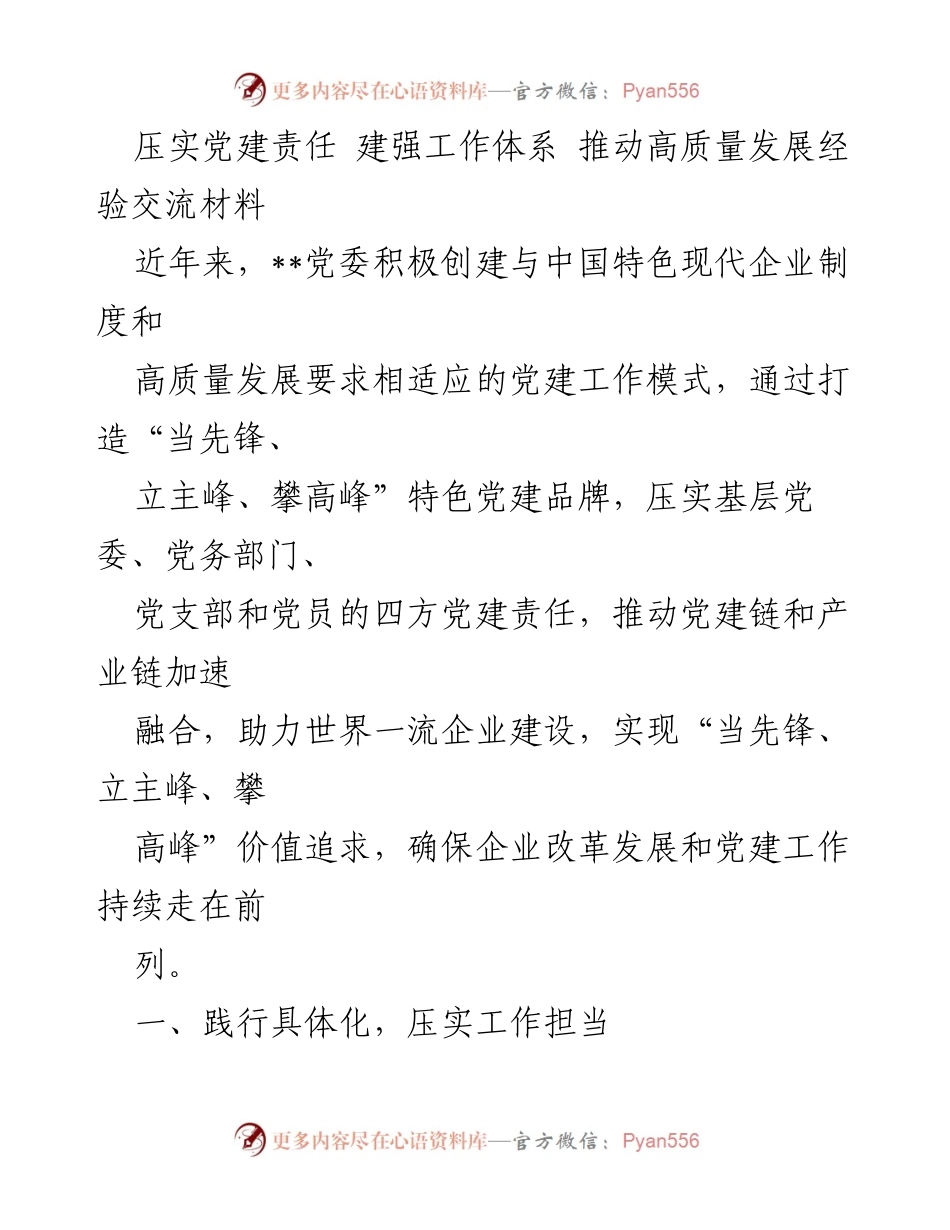 [发言] 经验交流会 - 压实党建责任，推动高质量发展的实践与探索.docx_第1页