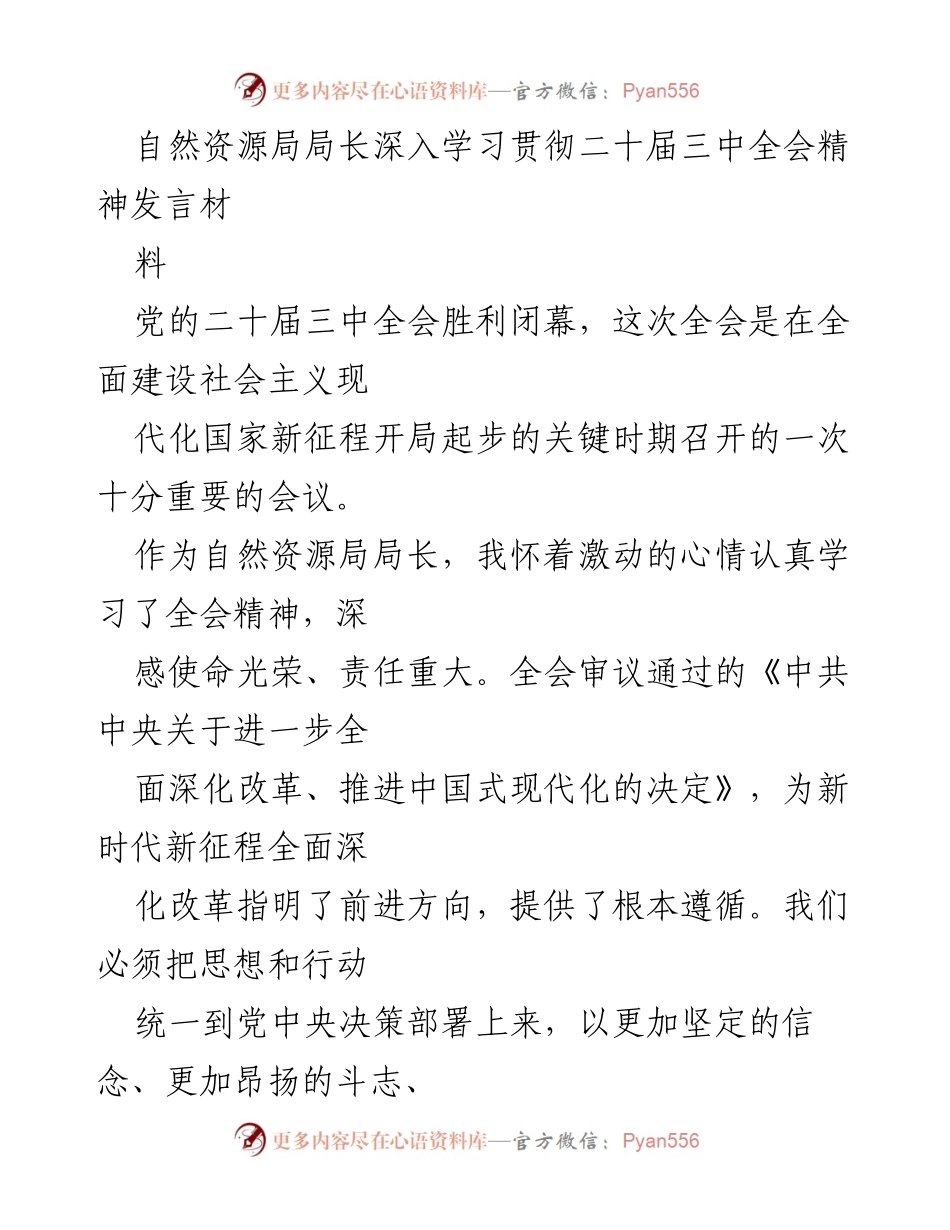 [发言] 自然资源局局长会议 - 深入学习贯彻二十届三中全会精神的体会与行动计划.docx_第1页