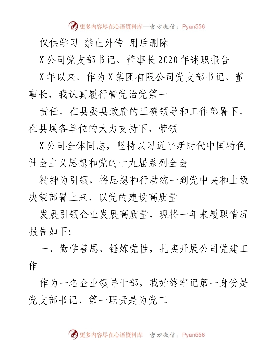[发言] 述职报告 - 2020年X公司党支部书记、董事长述职报告总结.docx_第1页