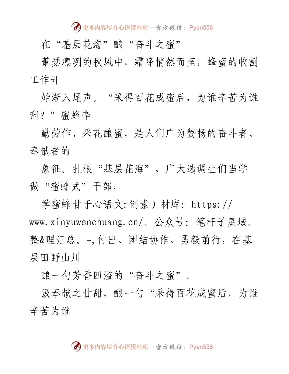 [发言] 选调生培训 - 扎根基层，争做“蜜蜂式”干部，酿造奋斗之蜜.docx_第1页