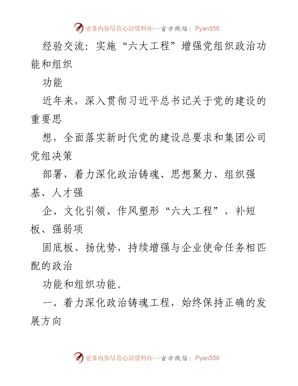 [发言] 经验交流会 - 实施“六大工程”提升党组织的政治与组织功能.docx_第1页