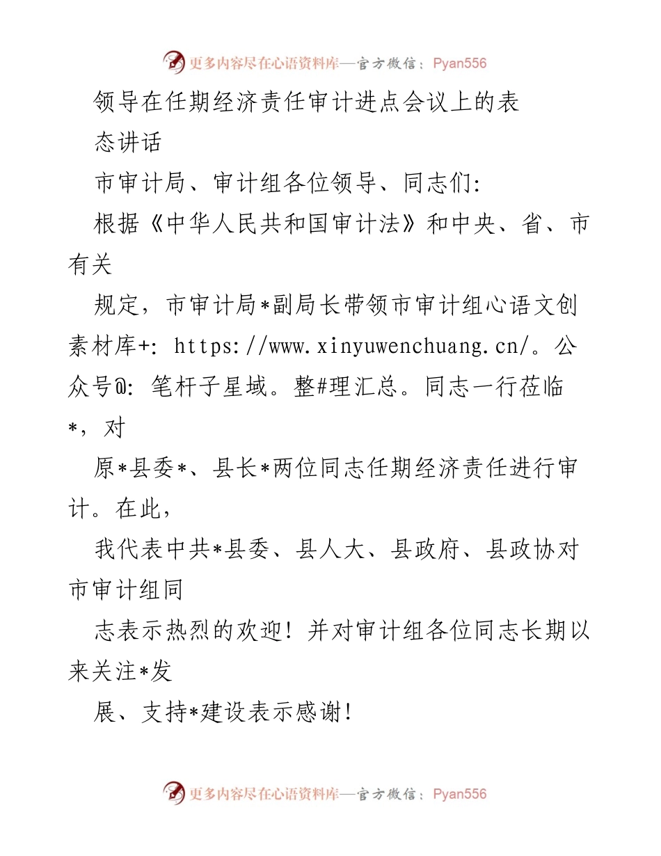 [发言] 经济责任审计进点会议 - 领导对任期经济责任审计的重视与支持.docx_第1页