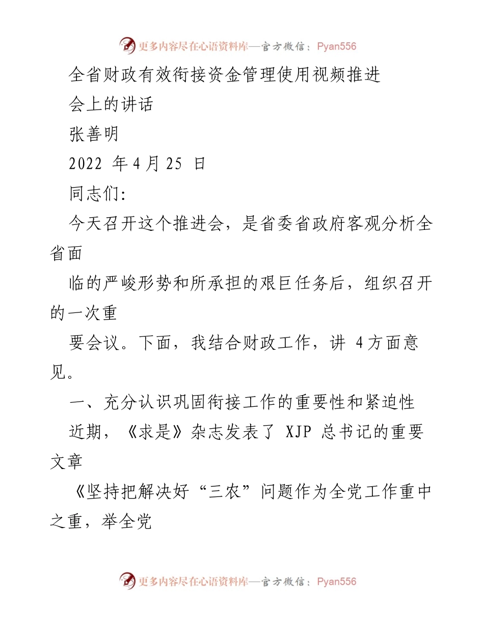 [发言] 视频推进会 - 强调巩固衔接工作的重要性与资金管理规范.docx_第1页