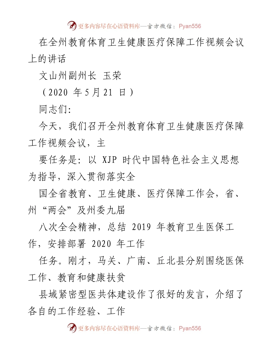 [发言] 视频会议 - 全州教育体育卫生健康医疗保障工作总结与部署讲话.docx_第1页