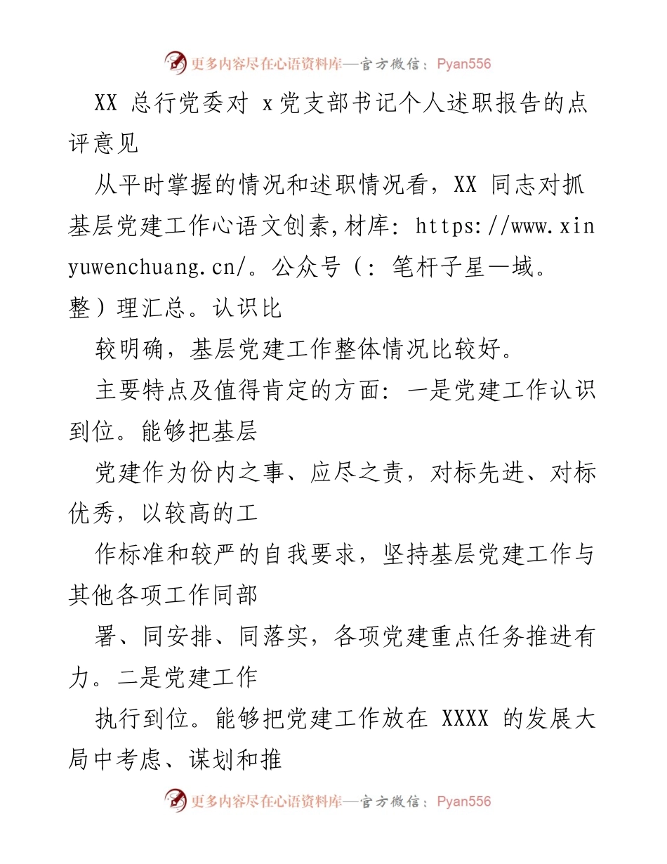 [发言] 述职报告点评 - XX同志党支部书记述职报告点评及改进建议.docx_第1页