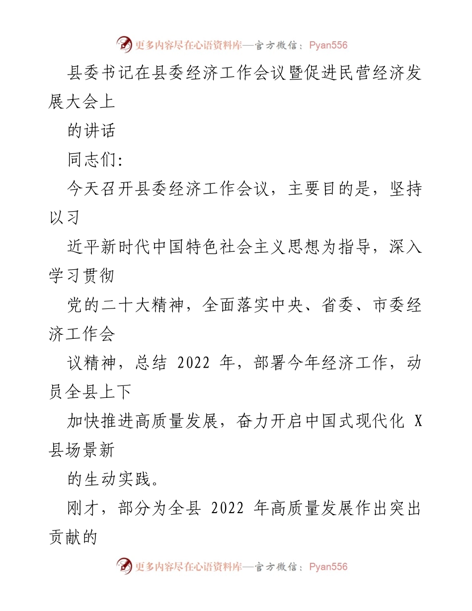 [发言] 经济工作会议 - 县委书记在经济工作会议上的讲话：推进高质量发展与民营经济振兴.docx_第1页