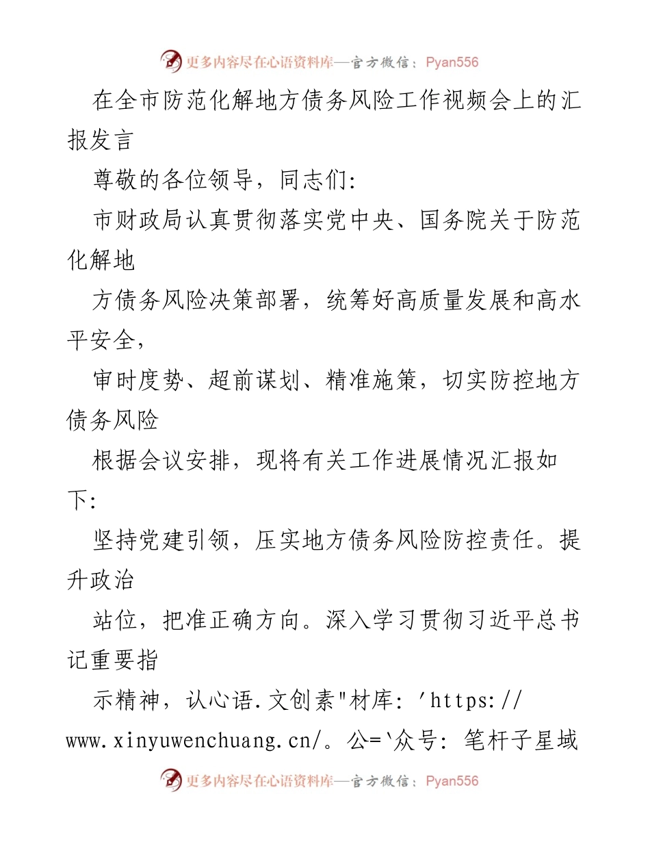 [发言] 视频会议 - 全市地方债务风险防控工作汇报.docx_第1页